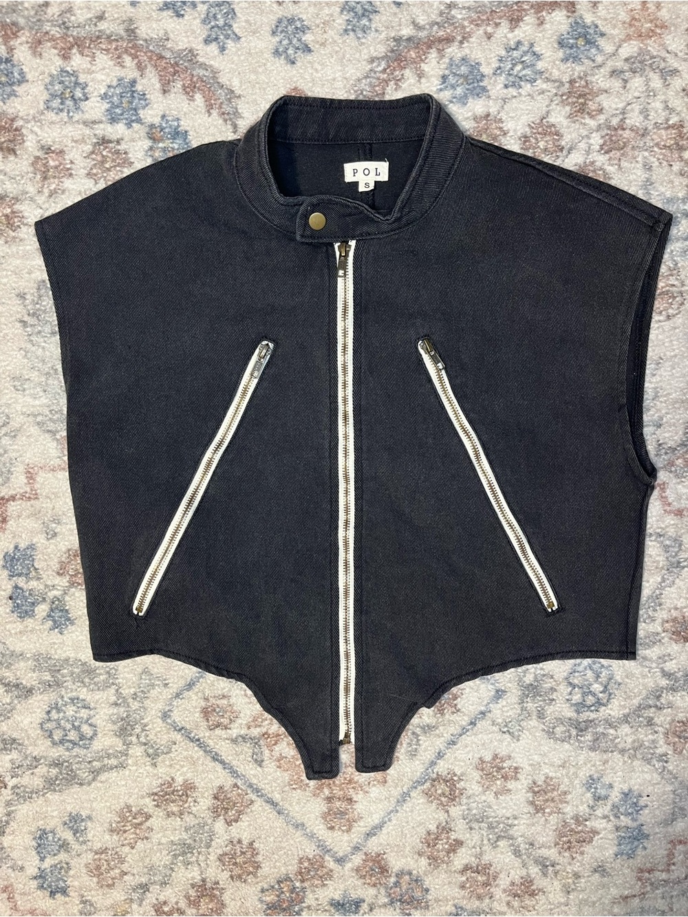 POL Black Denim Zip-Front Corset Vest Moto Edgy Boho Crop - Size S